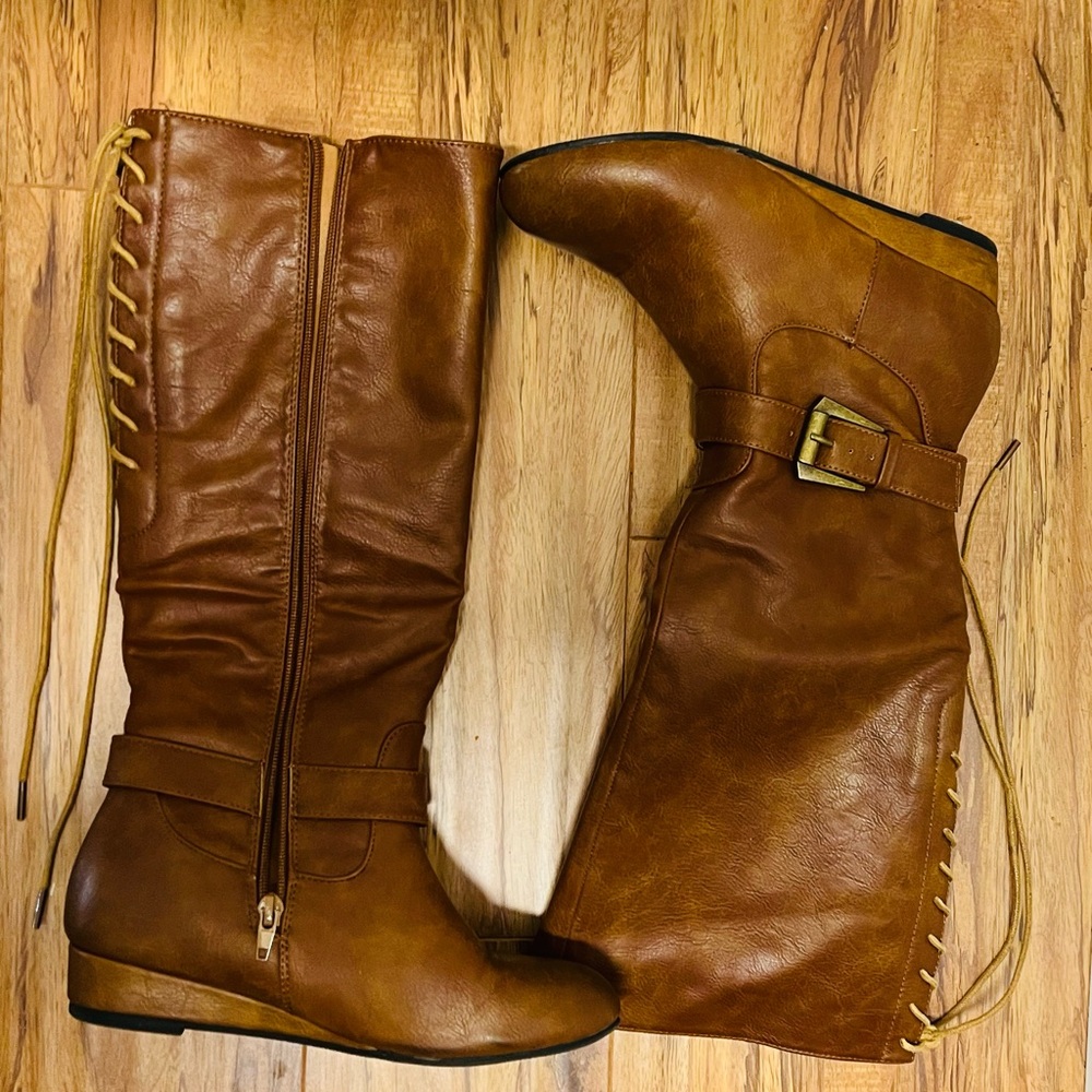 Brown Leather Knee-High Boots with Buckle